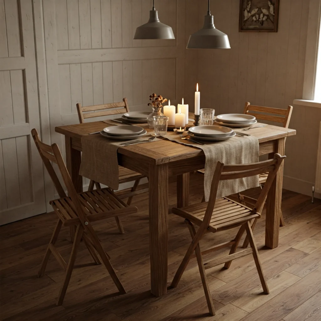 IKEA FRÖSVI Wooden Folding Chairs around a rustic farmhouse dining table with a burlap runner and candle centerpiece.