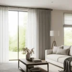 A bright modern living room with a 15-foot-wide window, showcasing a matte black extra long curtain rod holding light gray curtains, with a cozy sofa and soft natural light.