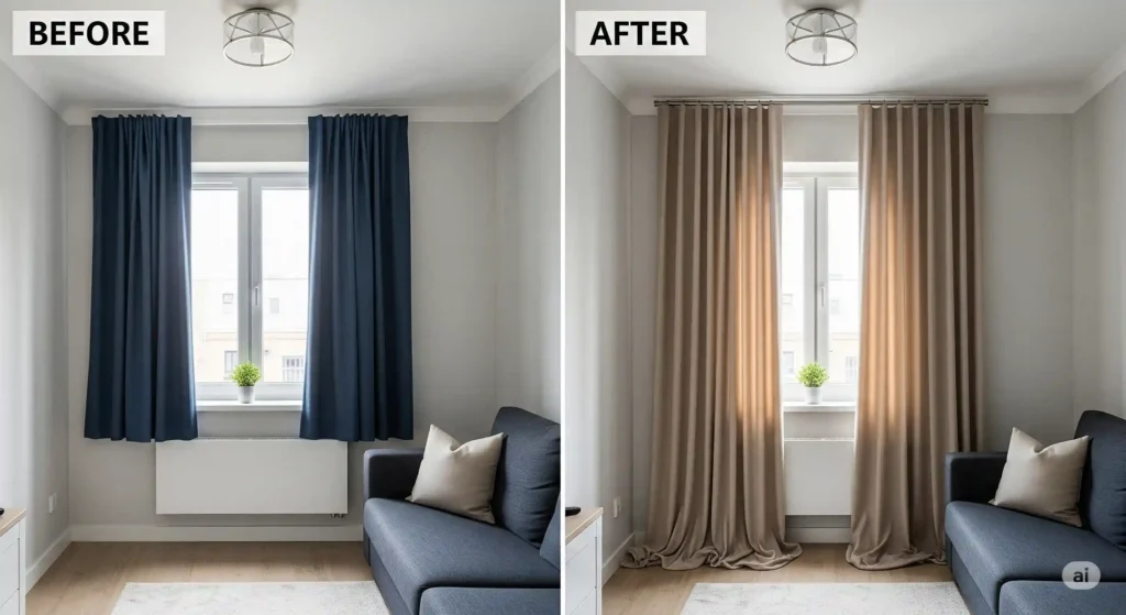 Before-and-after view of a small living room, with an extra long curtain rod near the ceiling holding beige curtains to create a taller appearance.