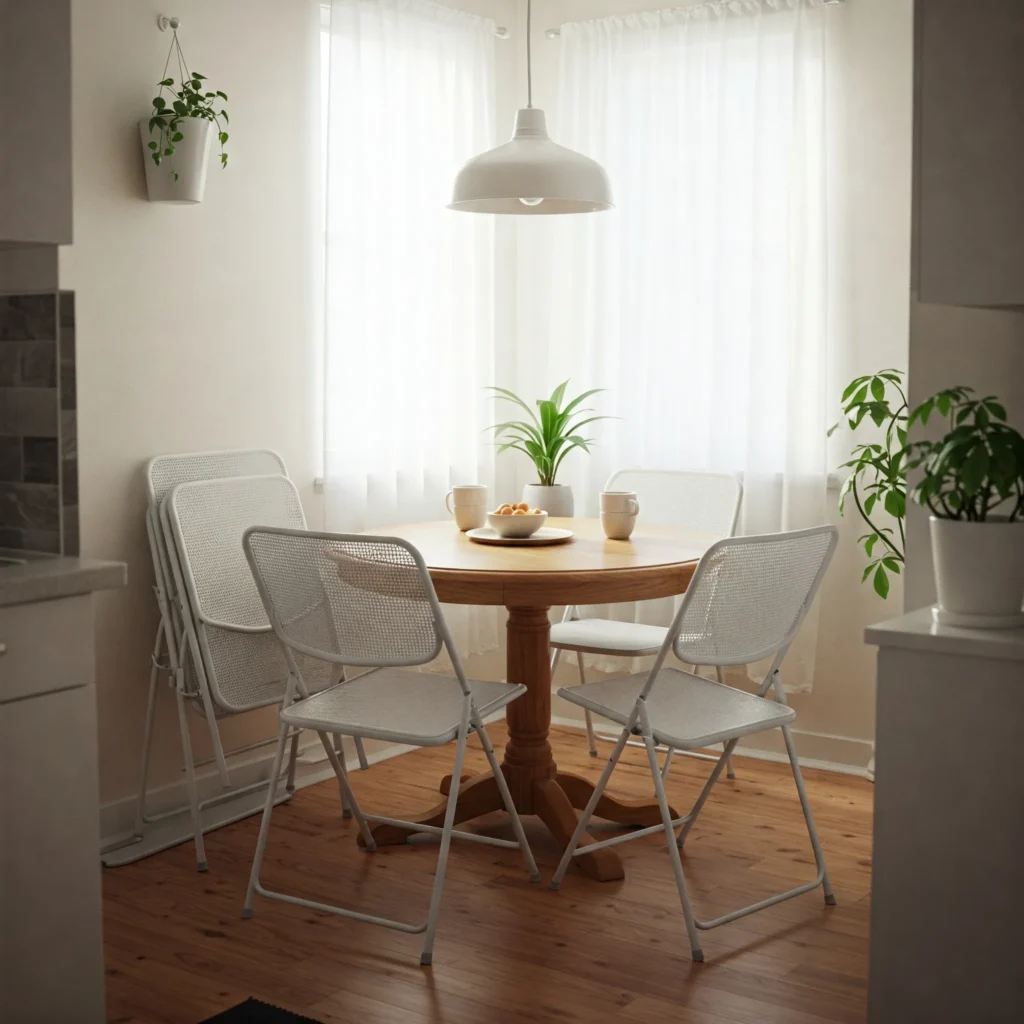 White HDX Plastic Folding Chairs neatly folded against a wall in a cozy small apartment dining nook with a round wooden table and minimalist decor.
