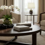 A round dark wood coffee table in a modern living room, styled with a black tray holding a glass vase of white orchids, stacked books, and a small bowl. Two beige armchairs, a side table with a lamp, and a window with sheer curtains are in the background.