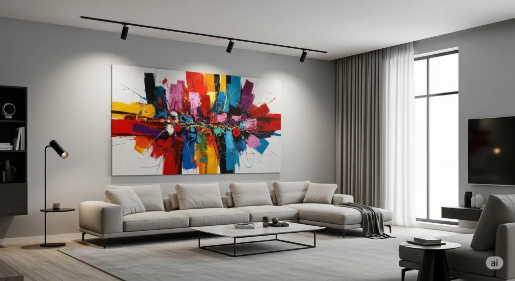 Oversized abstract canvas on a large living room wall, illustrating how to decorate a large wall in a living room.