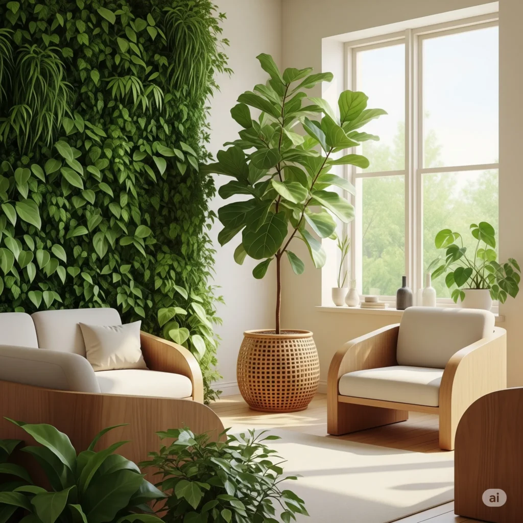 Living room with a green living wall and fiddle leaf fig in a rattan planter, lit by soft natural light for a boho vibe.