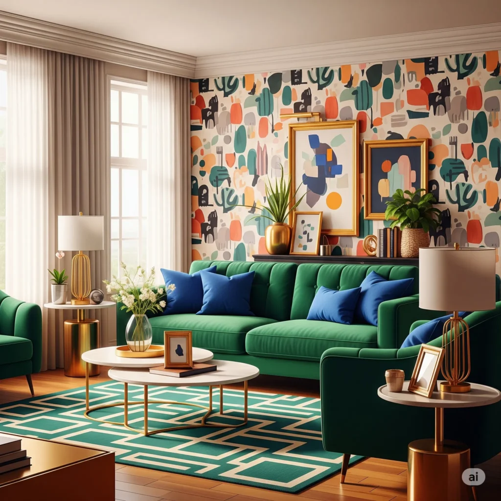 Emerald green sofa with sapphire pillows in a modern living room with geometric rug and abstract wallpaper, lit by natural light.