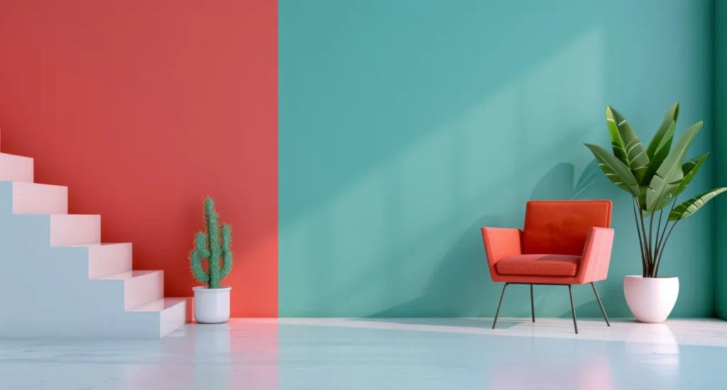 Color-blocked paint accent wall with bold geometric shapes in a contemporary living room.