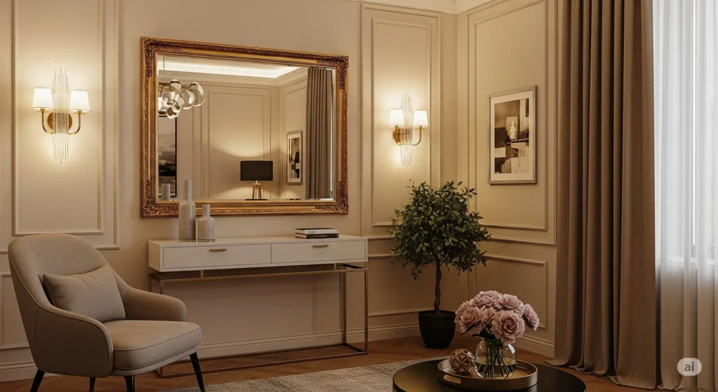 Large ornate mirror as a focal point above a console table in a living room, highlighting wall mirrors for living room decor.