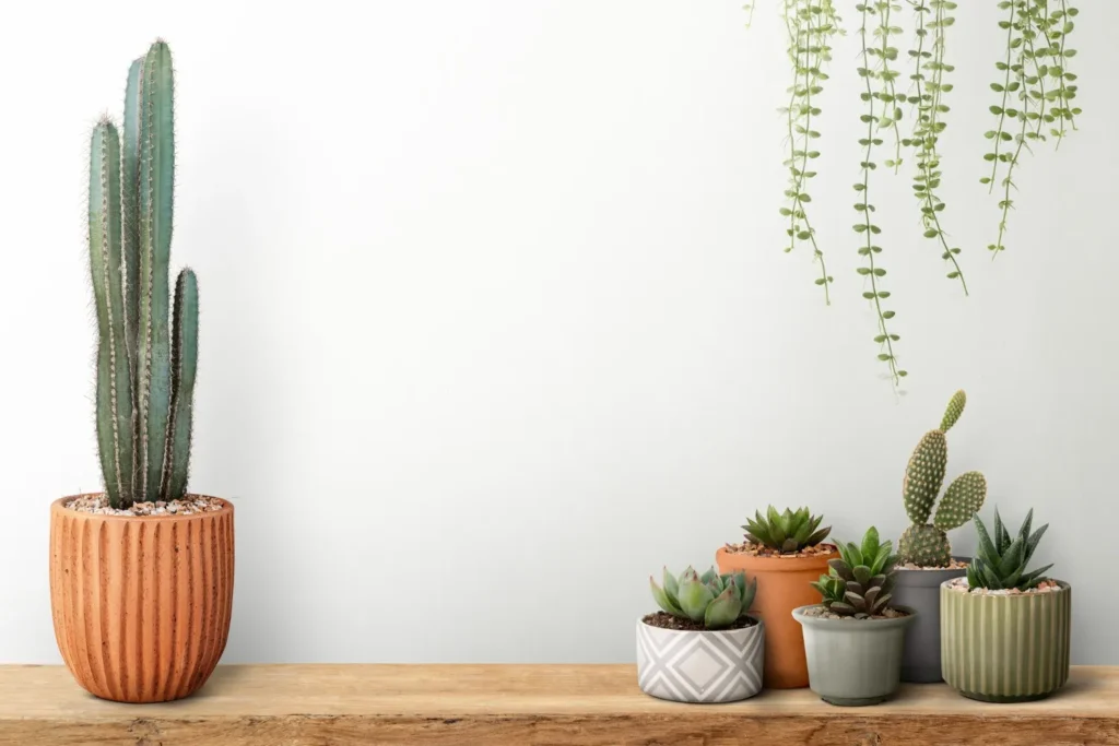 
Floating shelves displaying decorative plants and small home accents in a stylish living room.