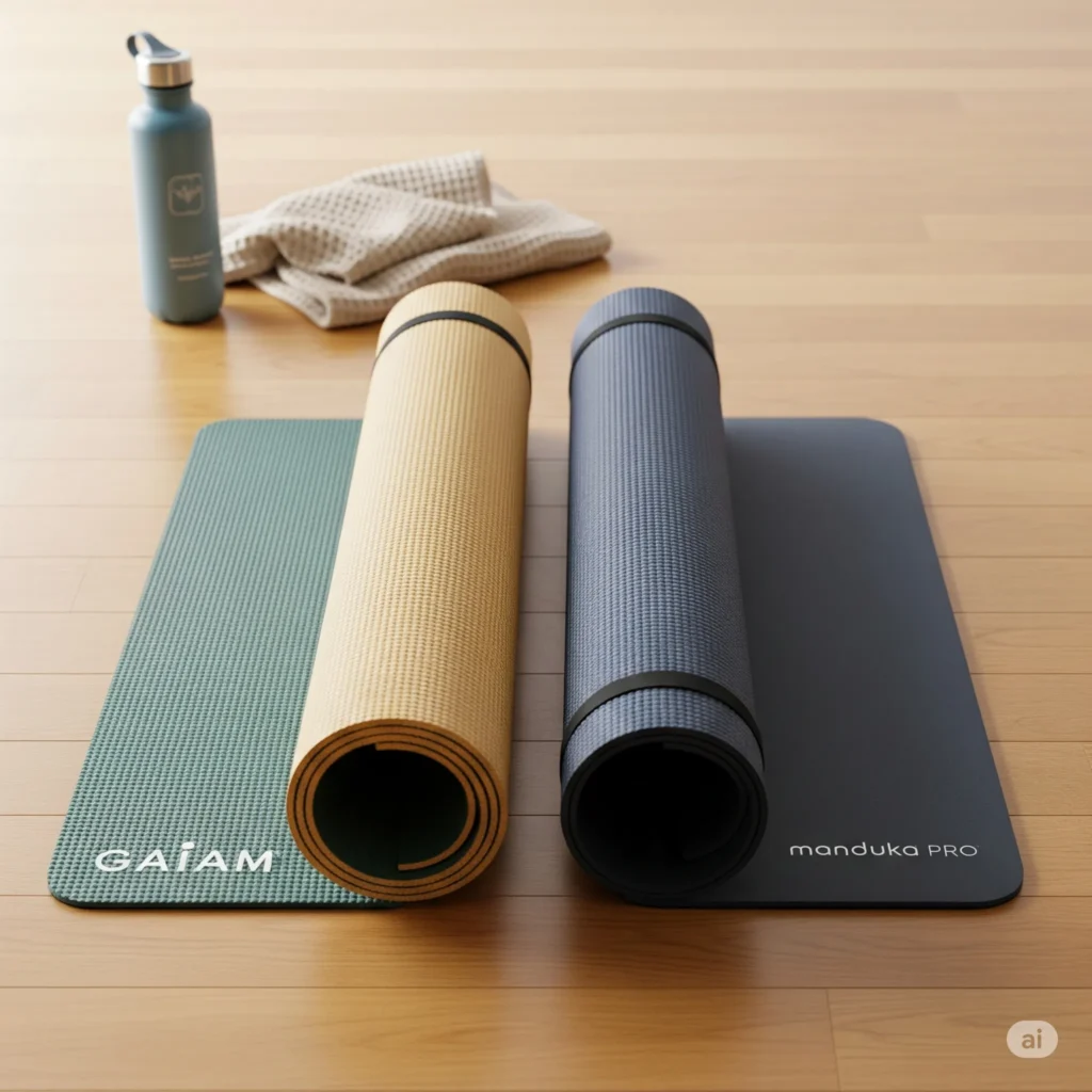 A Gaiam yoga mat and a Manduka PRO mat placed side by side on a wooden floor, showcasing their use for yoga and Pilates workouts.