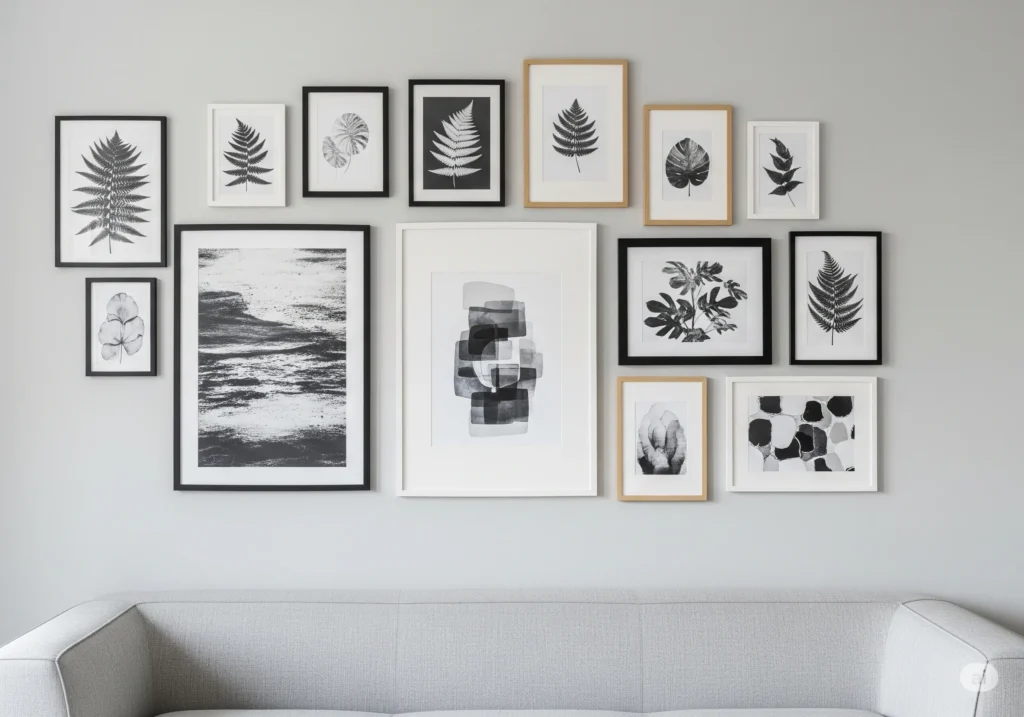 Gallery wall in a living room with mixed-size frames and abstract art, showcasing creative wall decor ideas.