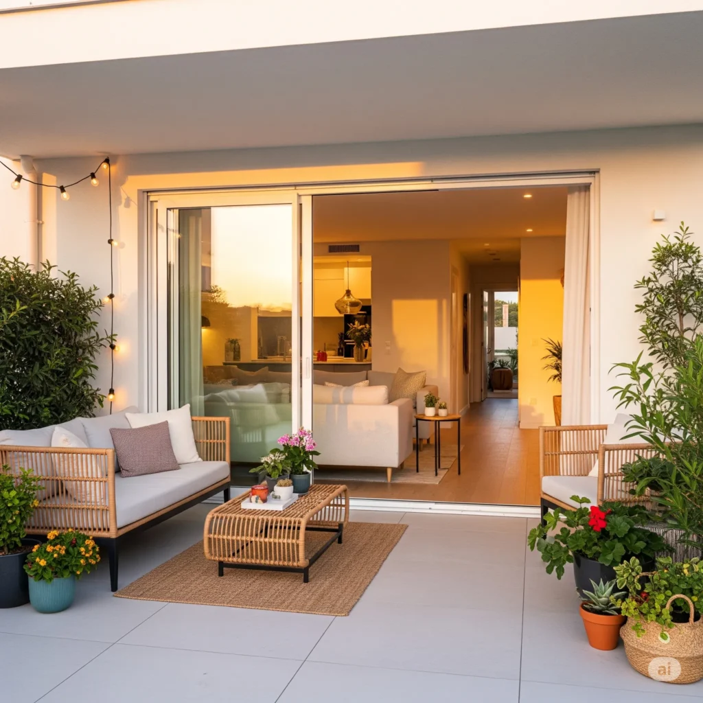 Outdoor patio with rattan sofa and string lights, connected to a modern living room via glass doors, lit by sunset glow.