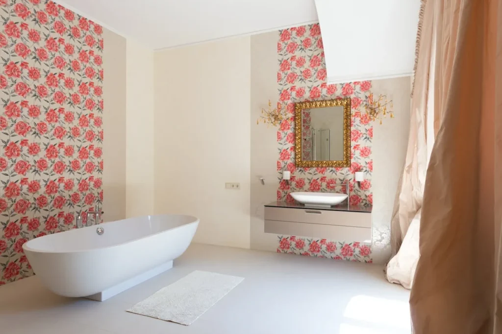 Peel-and-stick wallpaper accent wall with geometric pattern in a modern living room.