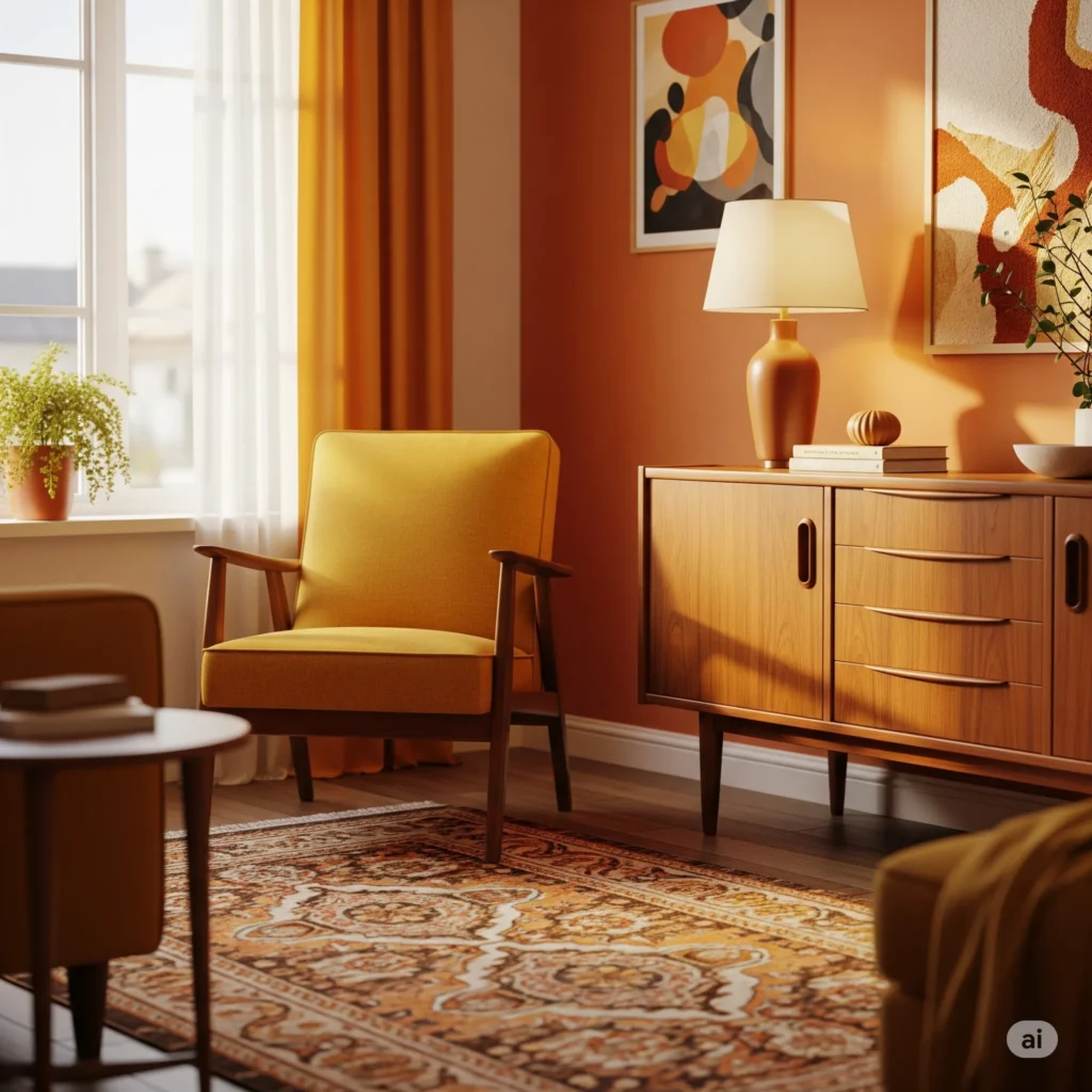 Mid-century modern chair and retro sideboard in a cozy living room with a 70s-inspired orange and brown vintage rug.