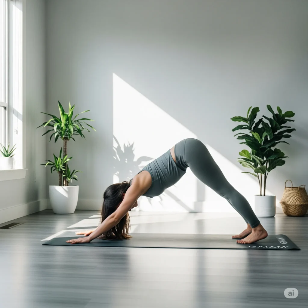 A person practicing Hatha yoga in a calm studio, performing downward dog on a Gaiam yoga mat with soft natural light and plants in the background.