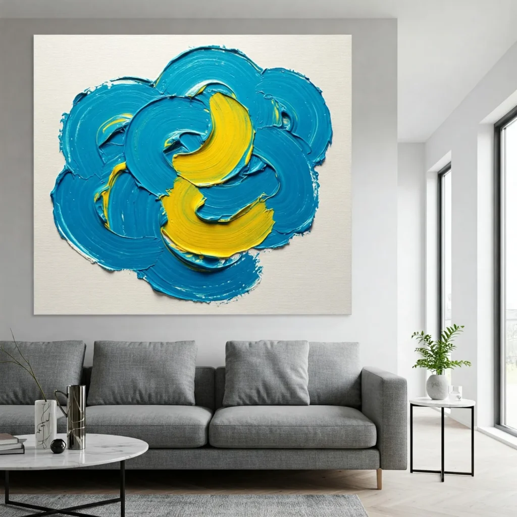 A colorful abstract wall art painting with blue and yellow swirls on a canvas, hung in a modern living room.
