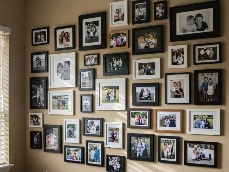 Gallery wall made of family photographs in matching black frames above a sofa