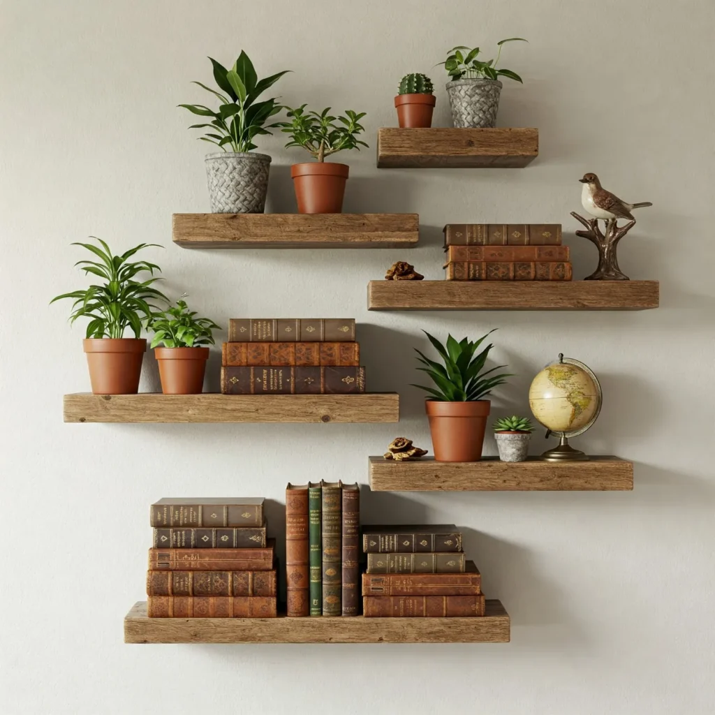 Rustic floating shelves on a living room wall, displaying plants, books, and a figurine in an asymmetrical arrangement.
