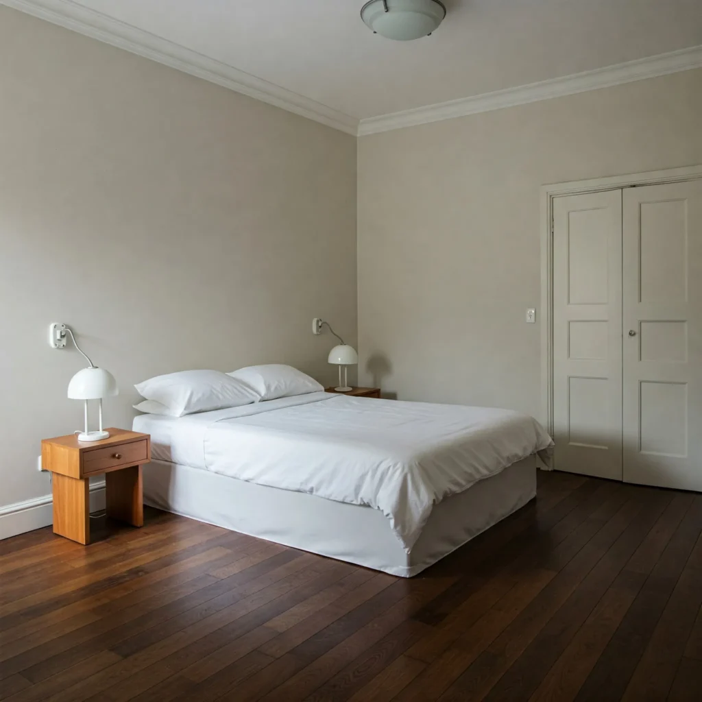 Dark espresso hardwood floors contrasting with white walls and contemporary furniture in airy living room.