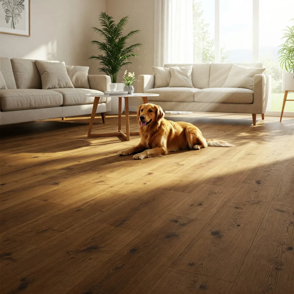 Luxury vinyl plank flooring mimicking oak wood, with pet bed and cozy sectional sofa in durable family space.