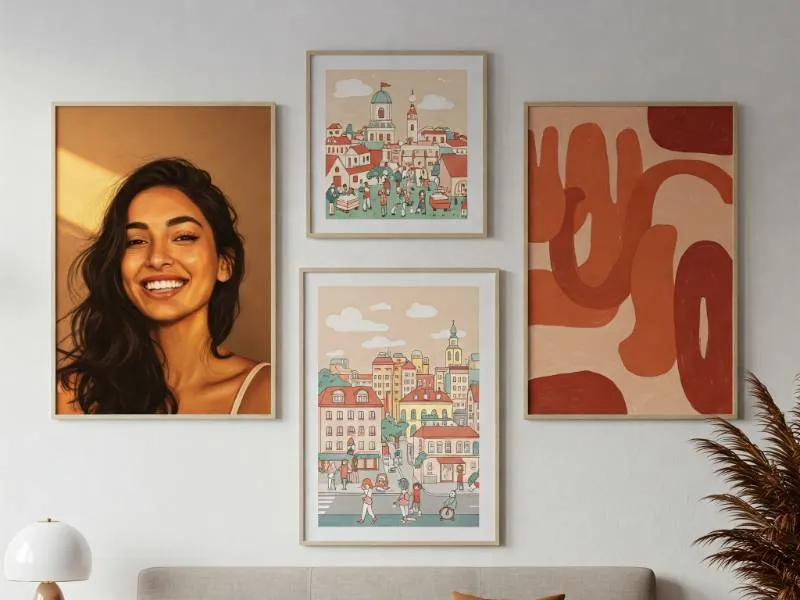 Close-up of a gallery wall featuring personal items like postcards, children’s drawings, and souvenirs