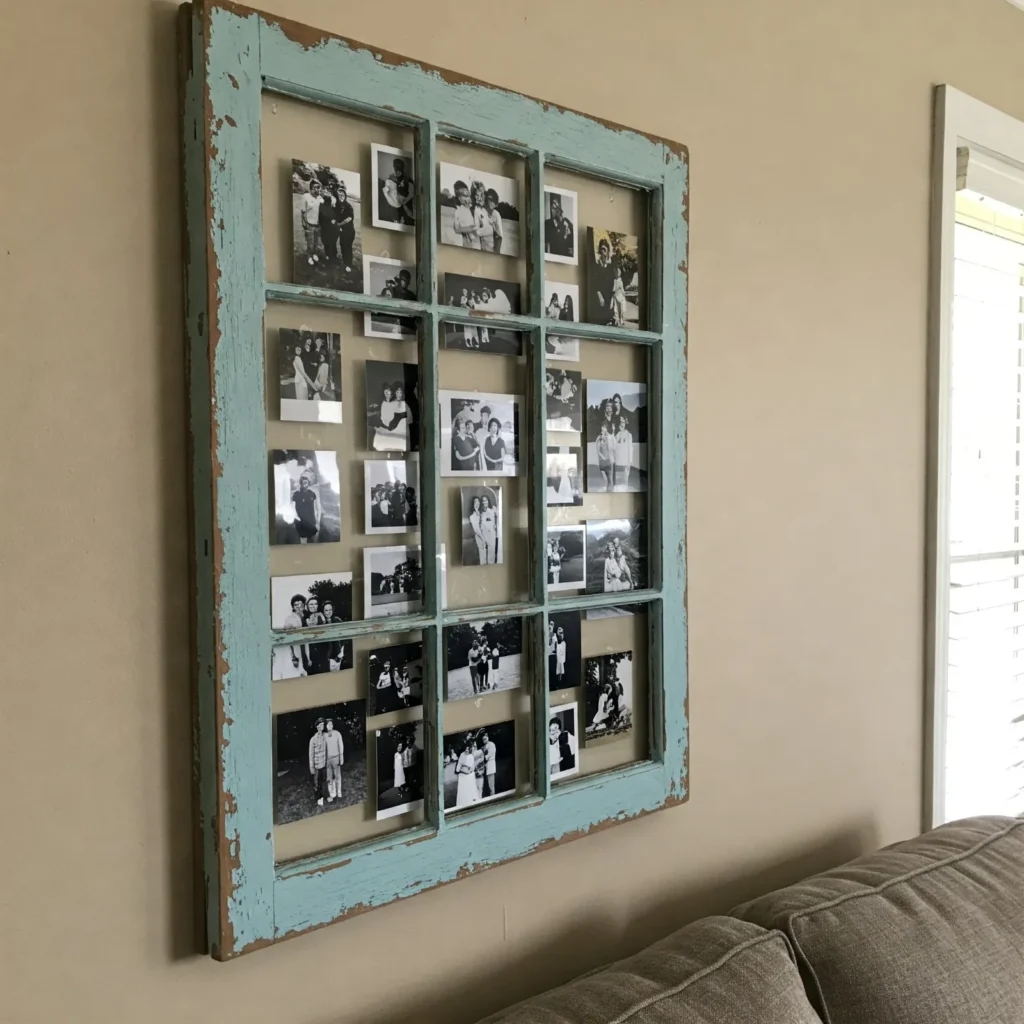 A vintage blue-painted window frame with a photo collage, hung on a living room wall for rustic decor.
