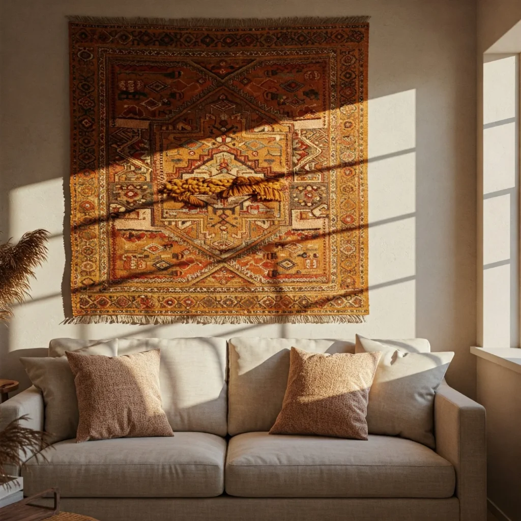 A boho tapestry with earthy patterns hanging on a living room wall, enhancing the cozy ambiance above a sofa.