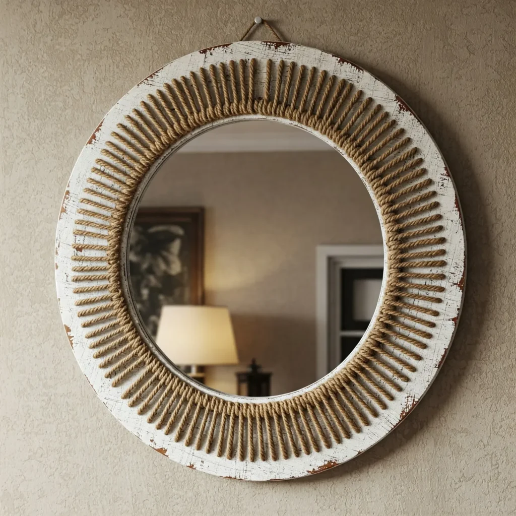 
An upcycled round mirror with a white-painted, rope-decorated wooden frame on a living room wall, exuding vintage charm.