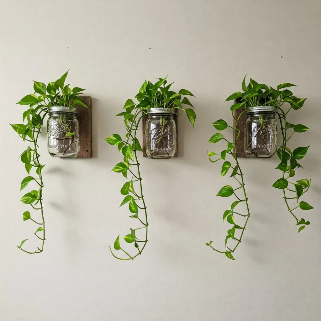 Mason jar wall planters with pothos plants on a living room wall, adding a touch of greenery with wooden mounts.
