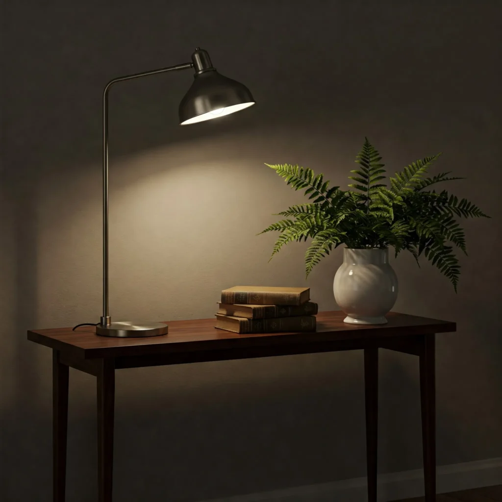 A tall minimalist table lamp on a wooden console table in a living room, next to a stack of books and a ceramic vase, creating balanced decor.