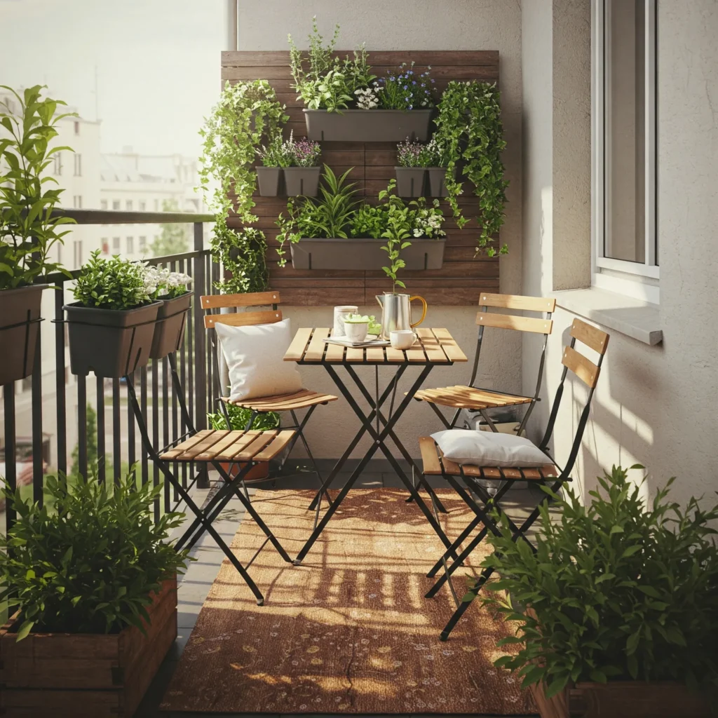 Tiny balcony with foldable furniture, wall-mounted planters, and a rug, styled as a cozy outdoor retreat.