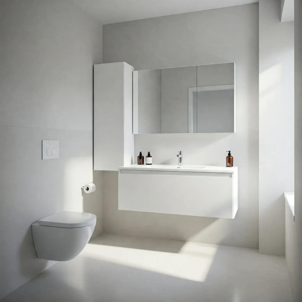 Small bathroom with a floating vanity and mirrored medicine cabinet, designed for space efficiency.