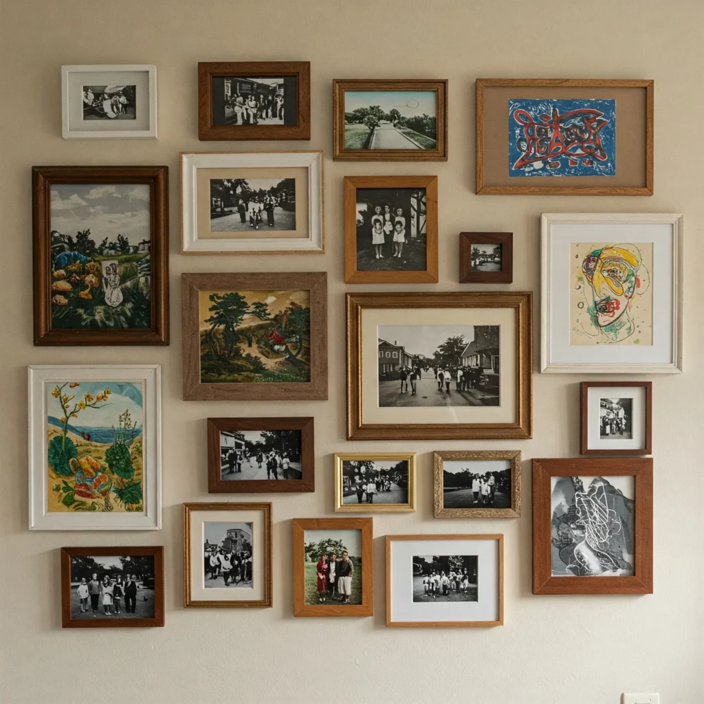 A small apartment wall with a gallery of thrifted frames displaying artwork and photos, arranged creatively on a light-colored wall.