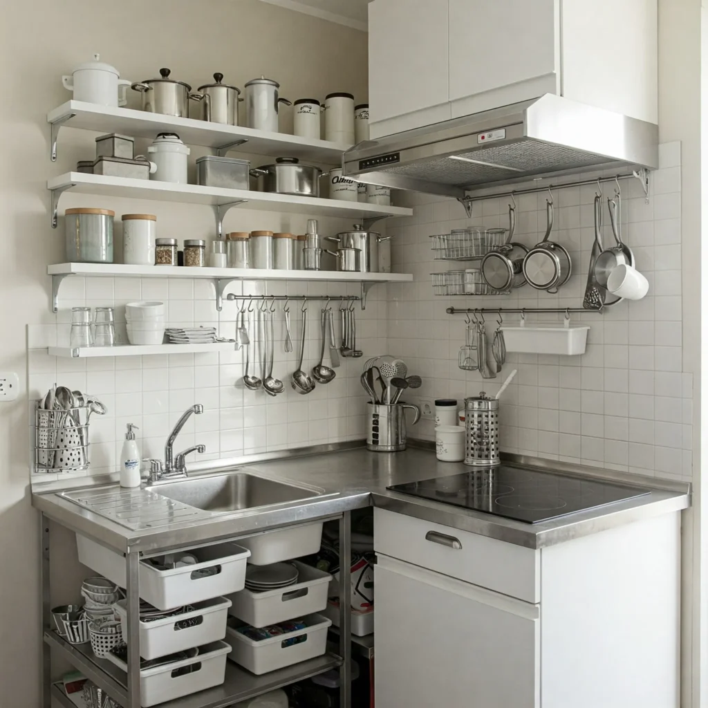 Compact kitchen with wall-mounted shelves and hanging racks for utensils, optimizing space and organization.