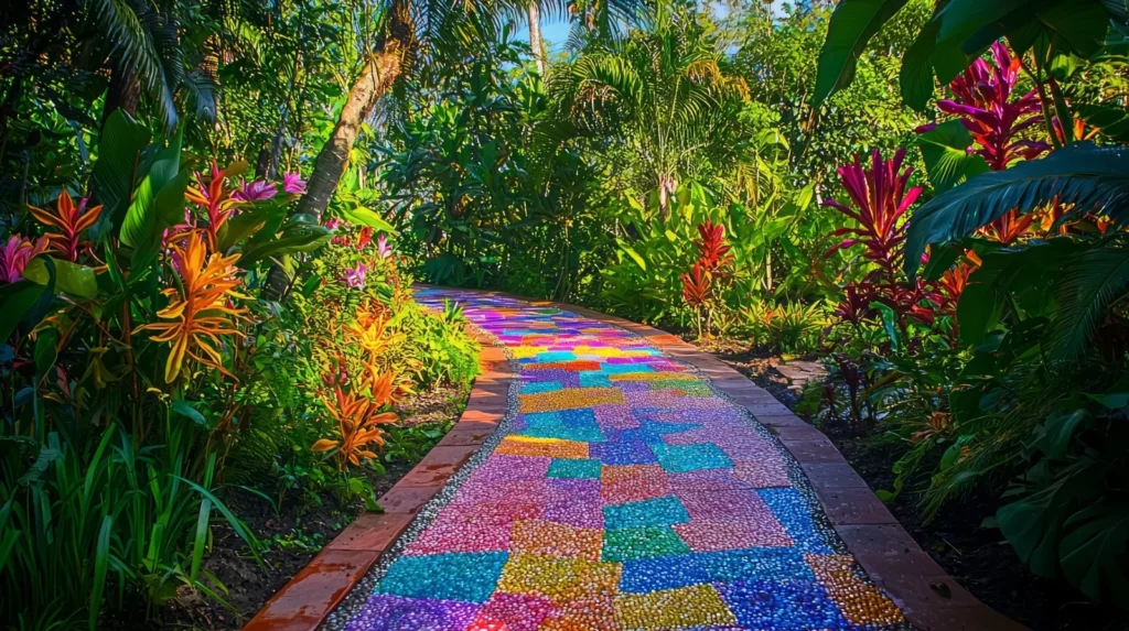 A unique mosaic pathway made from pebbles, reclaimed wood, and broken tiles, adding style and structure to the garden.