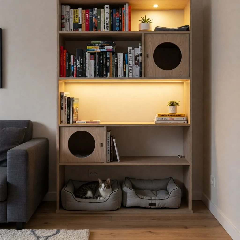 Apartment corner with a cat tree bookshelf and pet bed under a console table, combining pet-friendly storage with style.