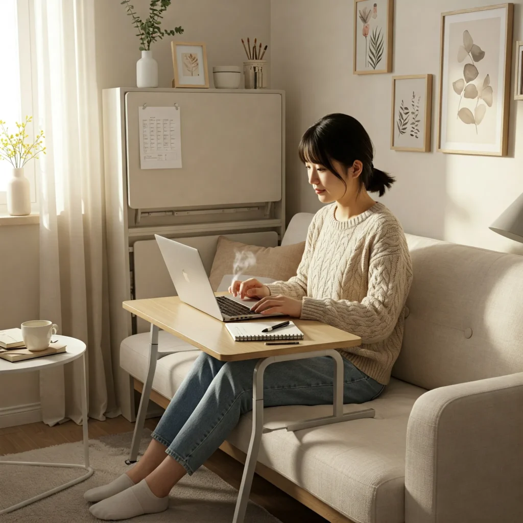 A cozy small apartment with a person using a lap desk on a sofa, featuring a laptop, notebook, and coffee mug, with light walls and a folded desk in the background for space-saving design.