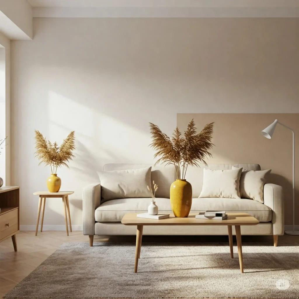 Minimalist apartment living room with neutral white and beige decor, featuring a cozy beige sofa and mustard-yellow vase.
