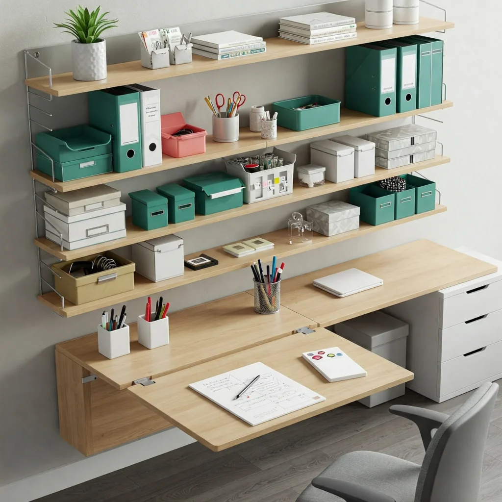 well Organized Wall Mounted Shelves for office supplies and keeping workspace, Above the Foldable Lap Desk