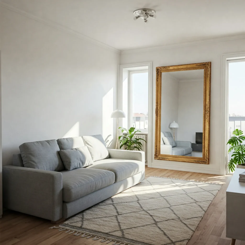 Cozy small apartment living room with a sofa bed, light walls, mirror, and rug, styled for space-saving comfort.