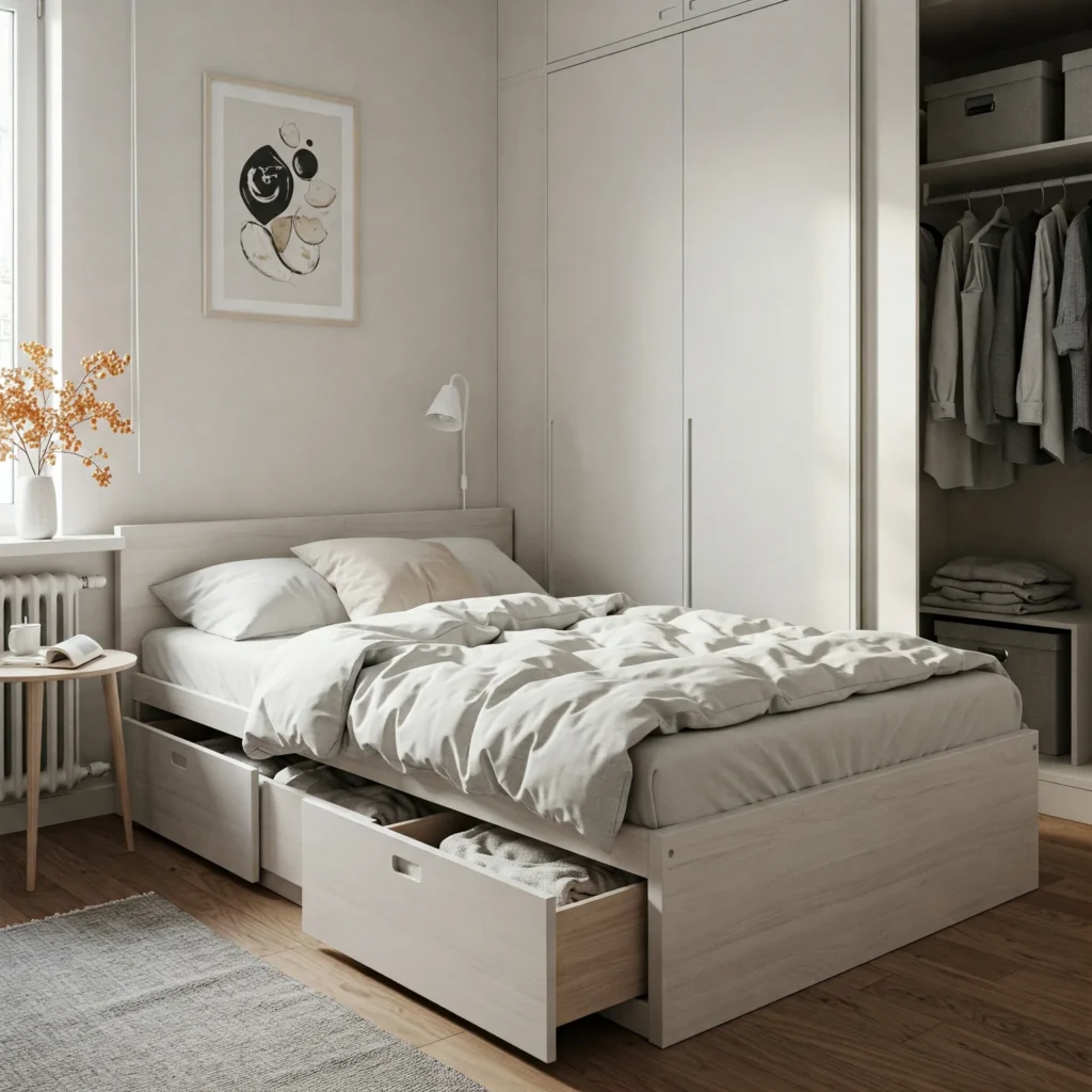 Small bedroom with a bed featuring under-bed storage drawers and a mirrored wardrobe for a spacious feel.