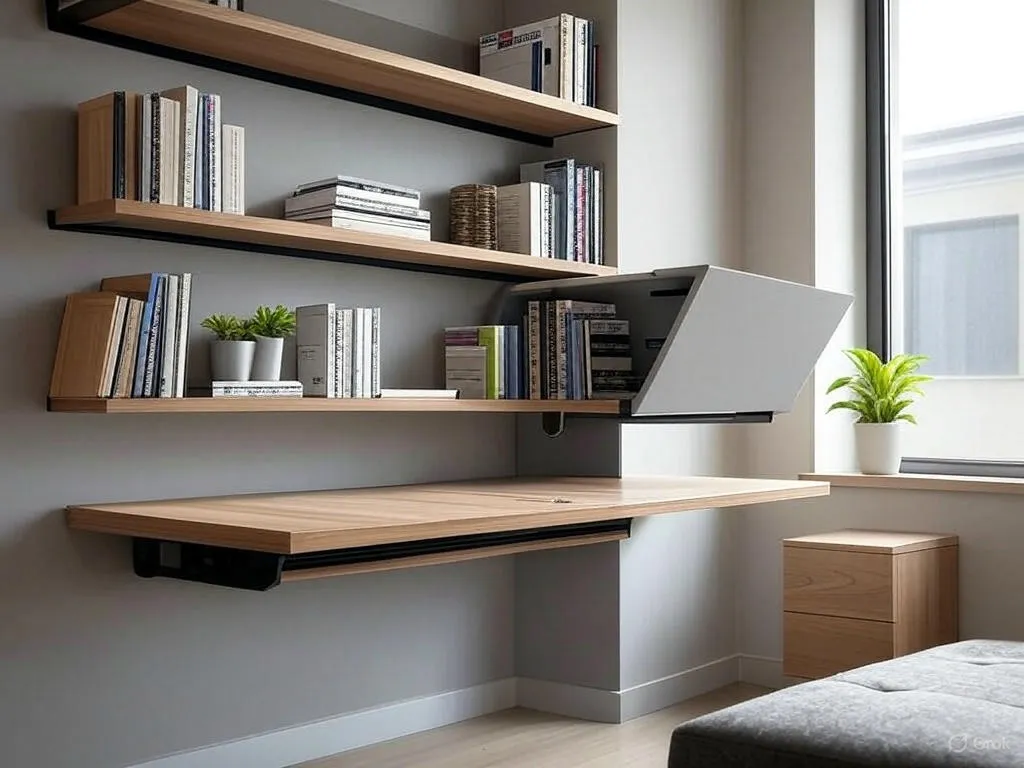 A small apartment wall with budget-friendly wall-mounted storage, featuring wooden shelves and baskets holding books, plants, and decor items, maximizing space efficiently.