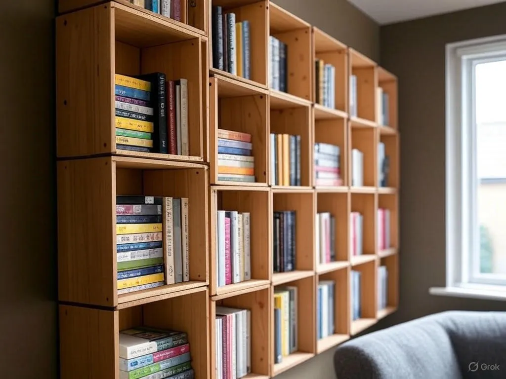 wall-mounted shelves, full of Book and Office Stuff