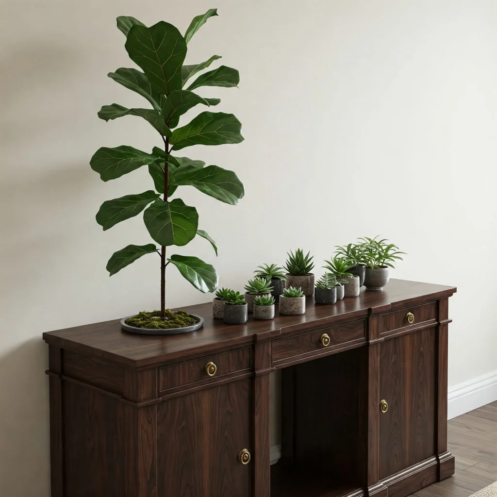 Console Table with Plants: A wooden console table styled with a tall fiddle leaf fig and small succulent planters.