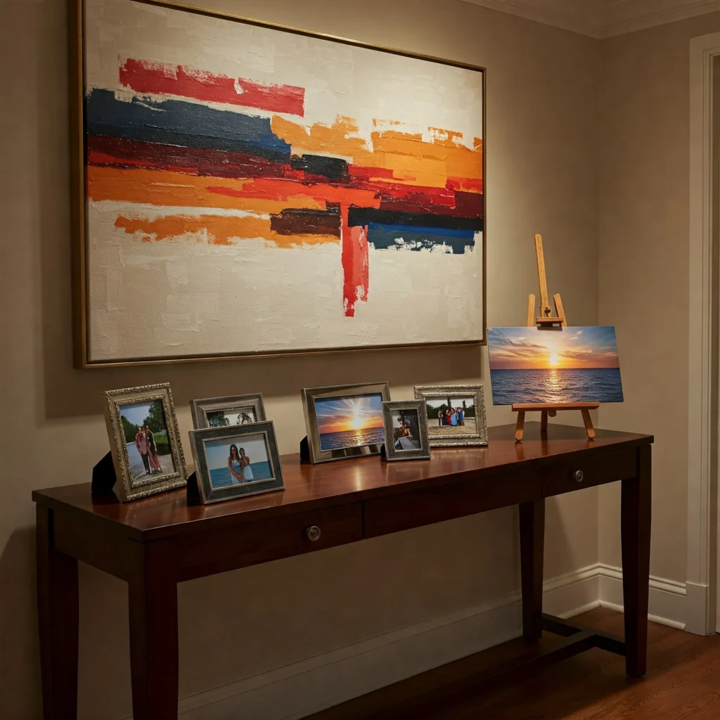 Console Table with Artwork: A console table displaying canvas art, framed photos, and an easel for a creative touch.