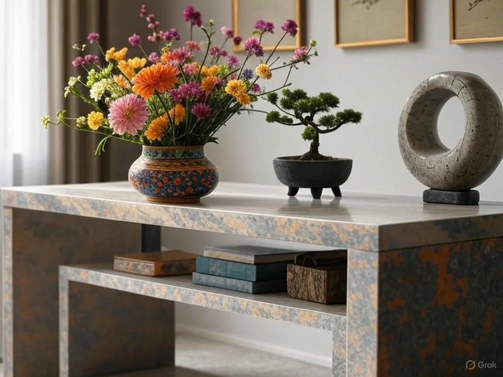 Elegant console table with a marble-like finish, adorned with a colorful floral arrangement in a decorative vase, a bonsai tree in a black pot, and a stone ring sculpture, featuring books and a wooden box on the lower shelf, set against a minimalist wall with framed art.